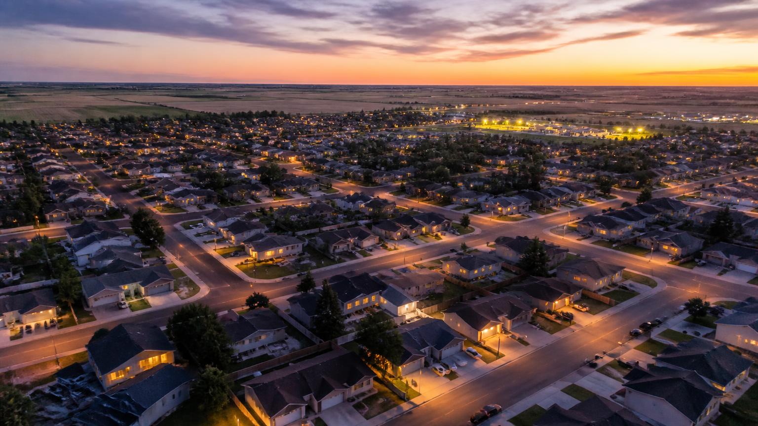 Aerial view of an Alberta prairie neighbourhood at dusk