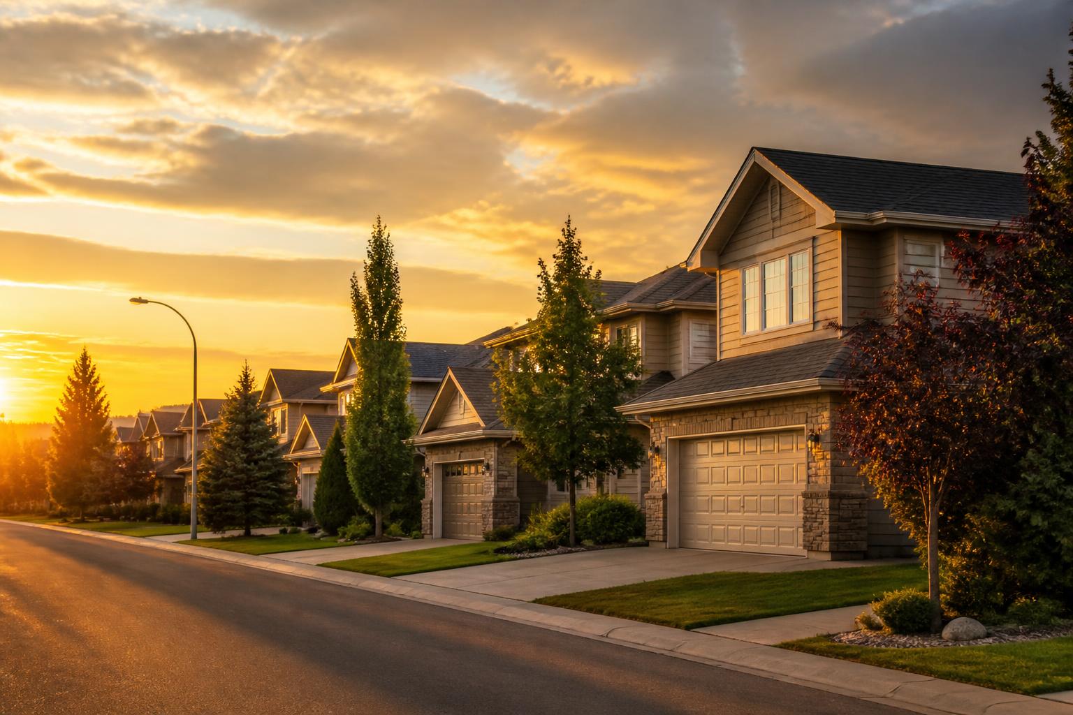 Residential street of Alberta homes at golden hour